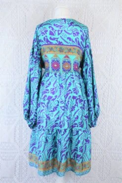 Gypsophila Mini Dress - Vintage Indian Sari - Aquamarine & Violet - Free Size 14 Gypsophila Mini Dress - Vintage Indian Sari - Aquamarine & Violet - Free Size -KIKIS Clothing Shop IMG 9147