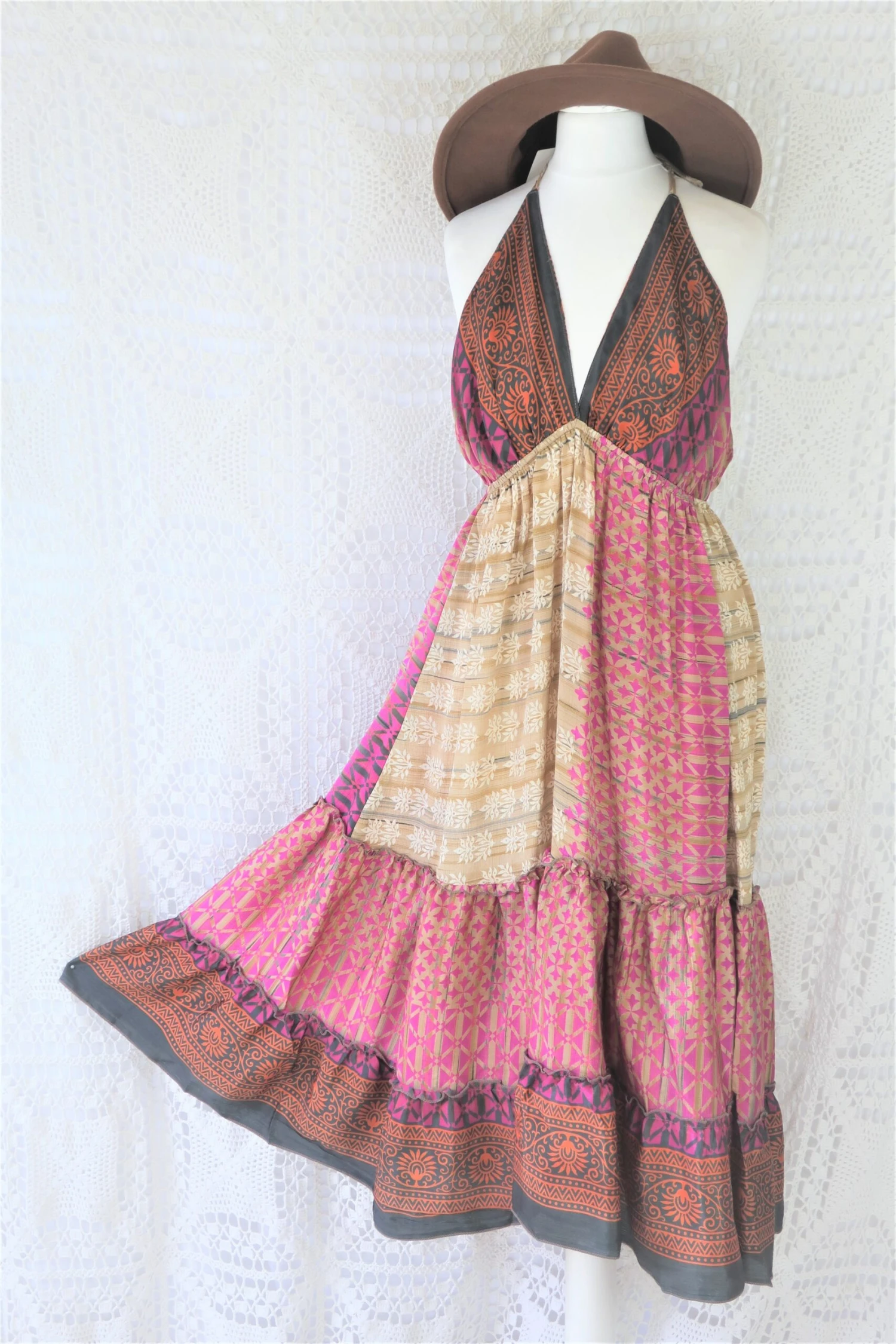 Cherry Midi Dress - Vintage Indian Sari - Pink & Earth Toned Patchwork - Free Size S/M 1 Cherry Midi Dress - Vintage Indian Sari - Pink & Earth Toned Patchwork - Free Size S/M