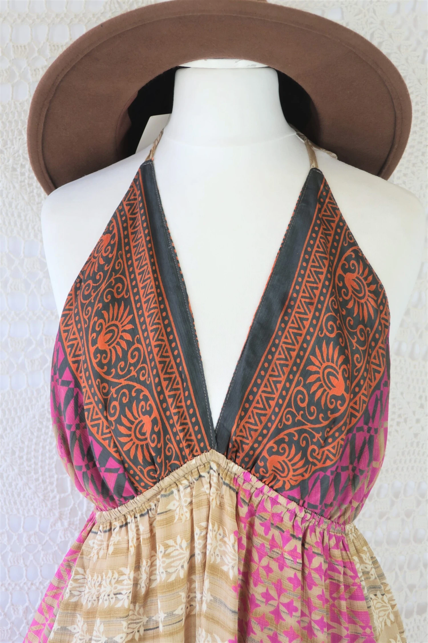 Cherry Midi Dress - Vintage Indian Sari - Pink & Earth Toned Patchwork - Free Size S/M 2 Cherry Midi Dress - Vintage Indian Sari - Pink & Earth Toned Patchwork - Free Size S/M - Image 2