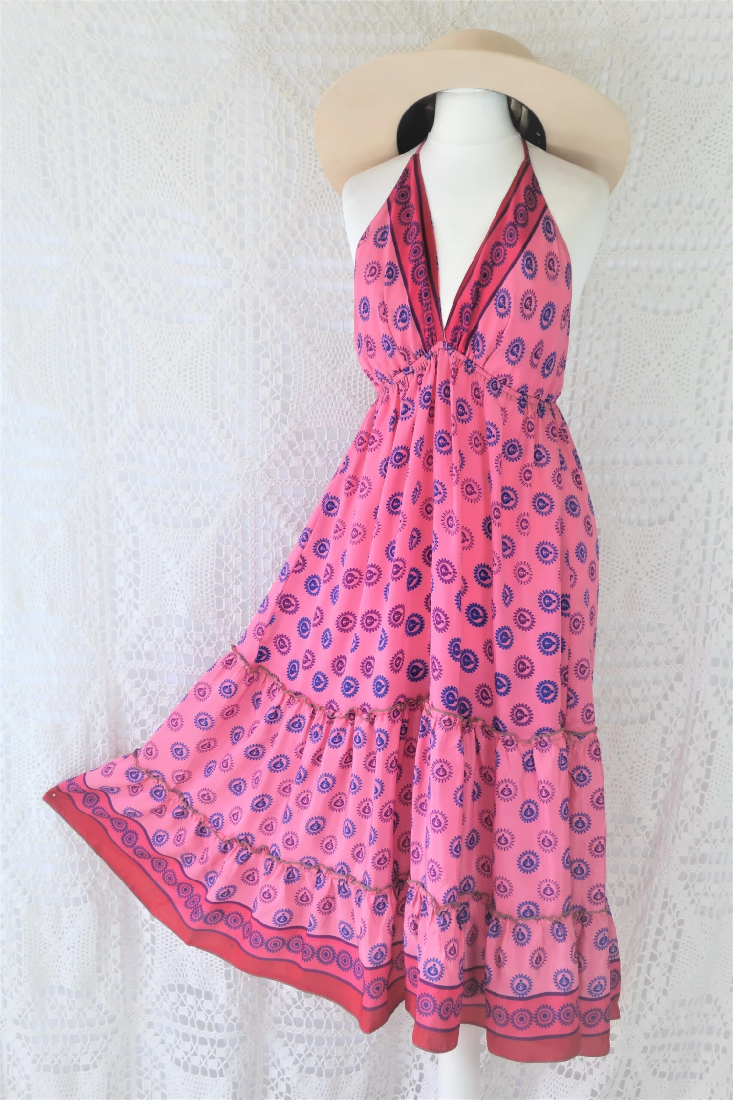 Cherry Midi Dress - Vintage Indian Sari - Bubblegum & Indigo Polka Dot - Free Size 1 Cherry Midi Dress - Vintage Indian Sari - Bubblegum & Indigo Polka Dot - Free Size