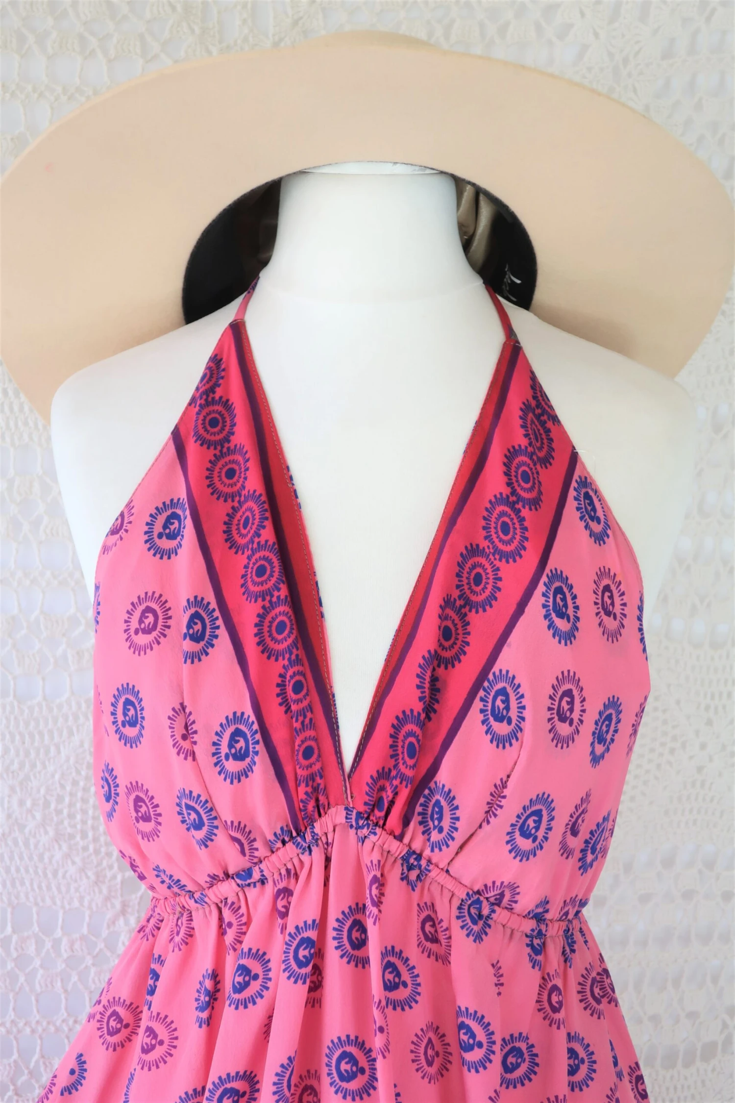 Cherry Midi Dress - Vintage Indian Sari - Bubblegum & Indigo Polka Dot - Free Size 2 Cherry Midi Dress - Vintage Indian Sari - Bubblegum & Indigo Polka Dot - Free Size - Image 2