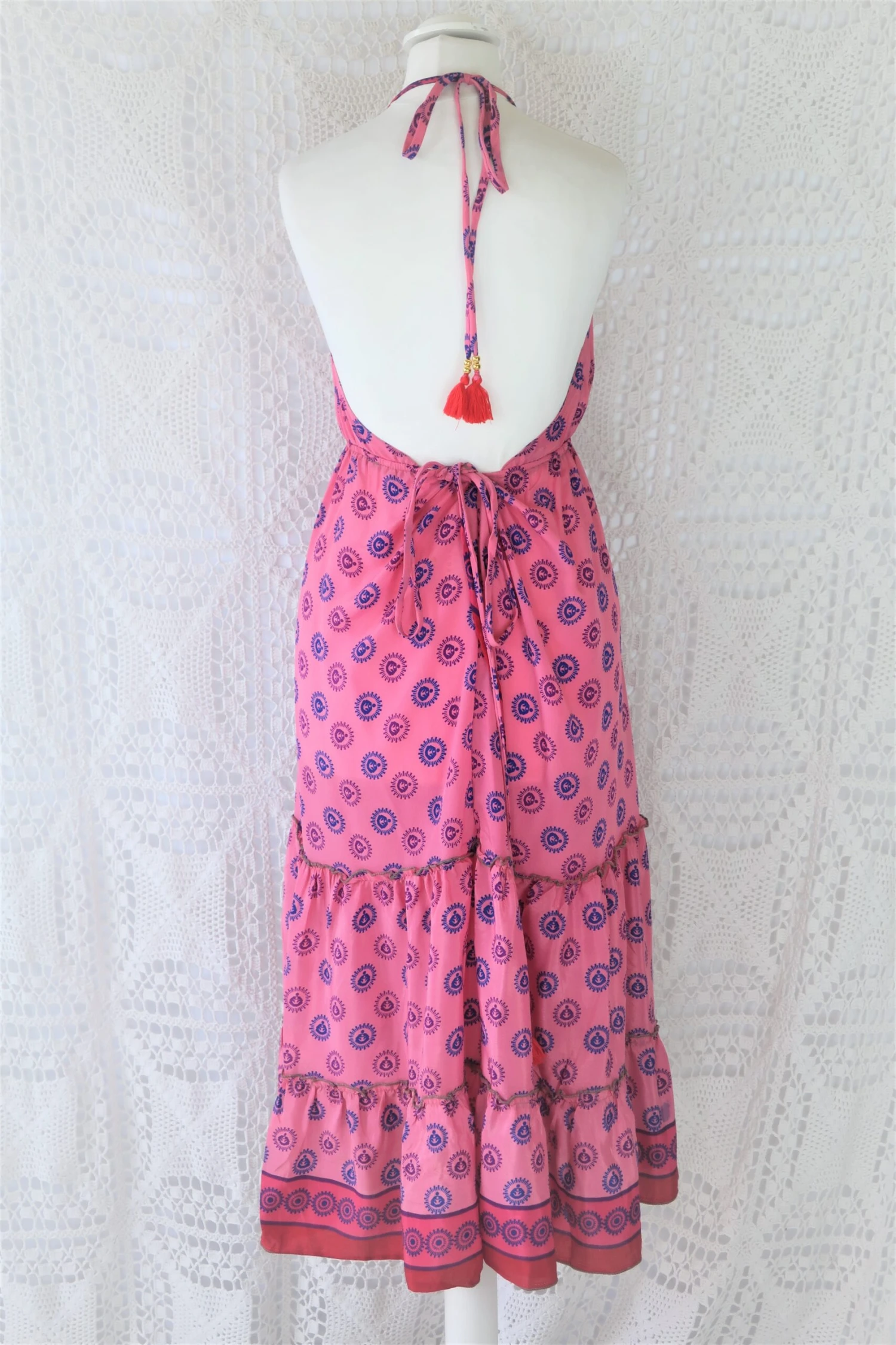 Cherry Midi Dress - Vintage Indian Sari - Bubblegum & Indigo Polka Dot - Free Size 3 Cherry Midi Dress - Vintage Indian Sari - Bubblegum & Indigo Polka Dot - Free Size - Image 3