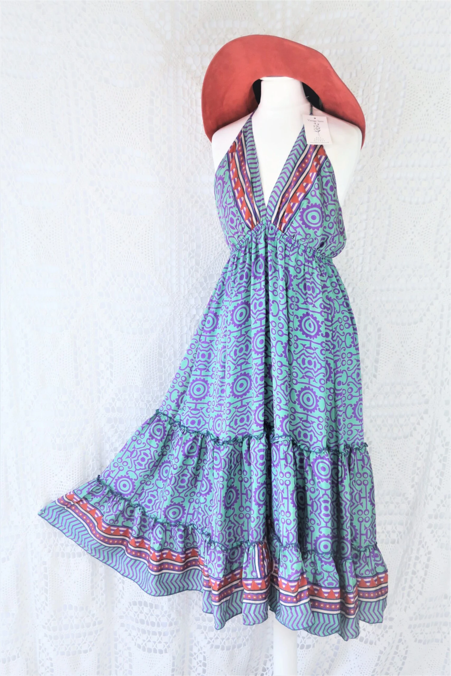 Cherry Midi Dress - Vintage Indian Sari - Seafoam, Sienna & Violet Tile Print - Free Size 1 Cherry Midi Dress - Vintage Indian Sari - Seafoam, Sienna & Violet Tile Print - Free Size