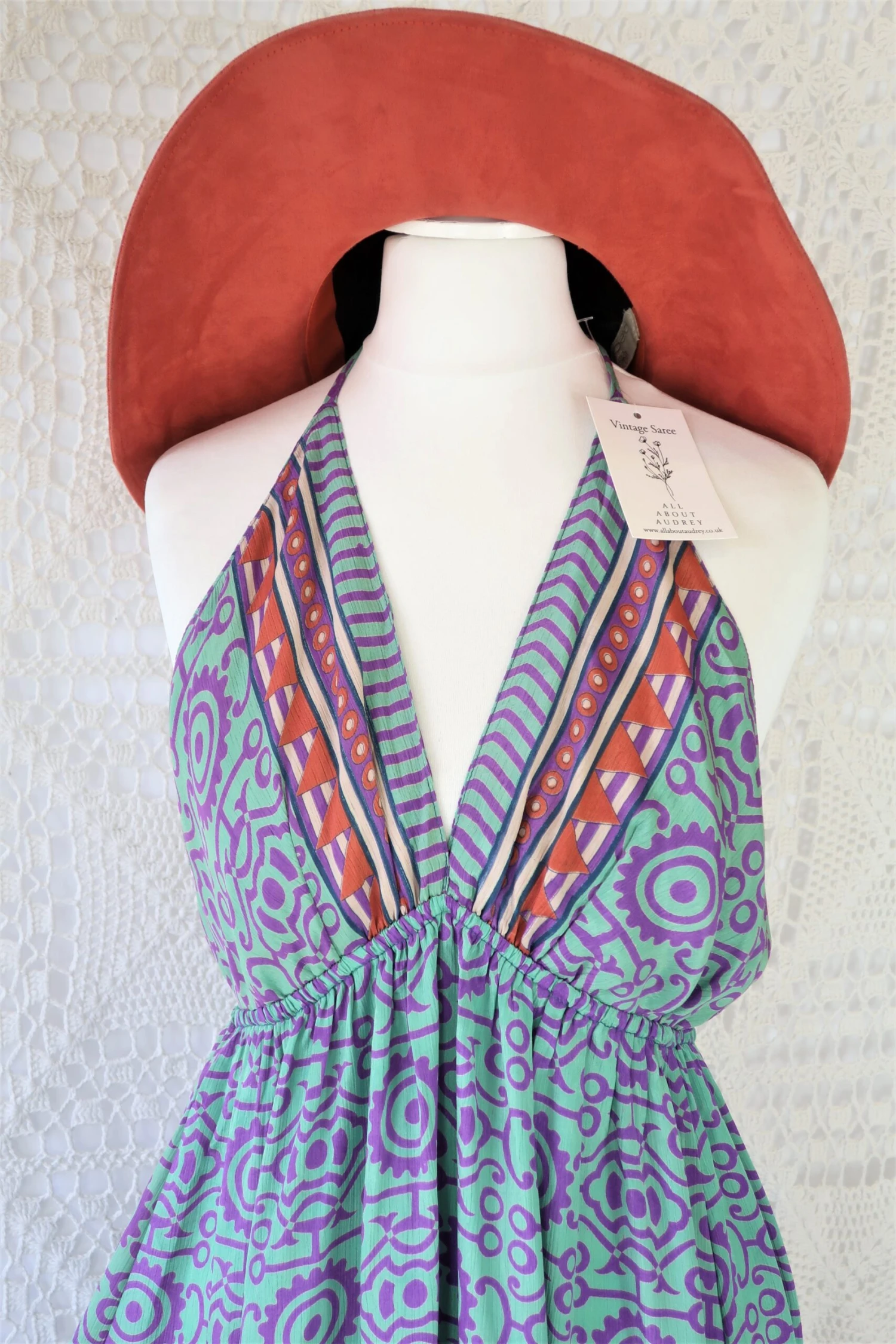 Cherry Midi Dress - Vintage Indian Sari - Seafoam, Sienna & Violet Tile Print - Free Size 2 Cherry Midi Dress - Vintage Indian Sari - Seafoam, Sienna & Violet Tile Print - Free Size - Image 2