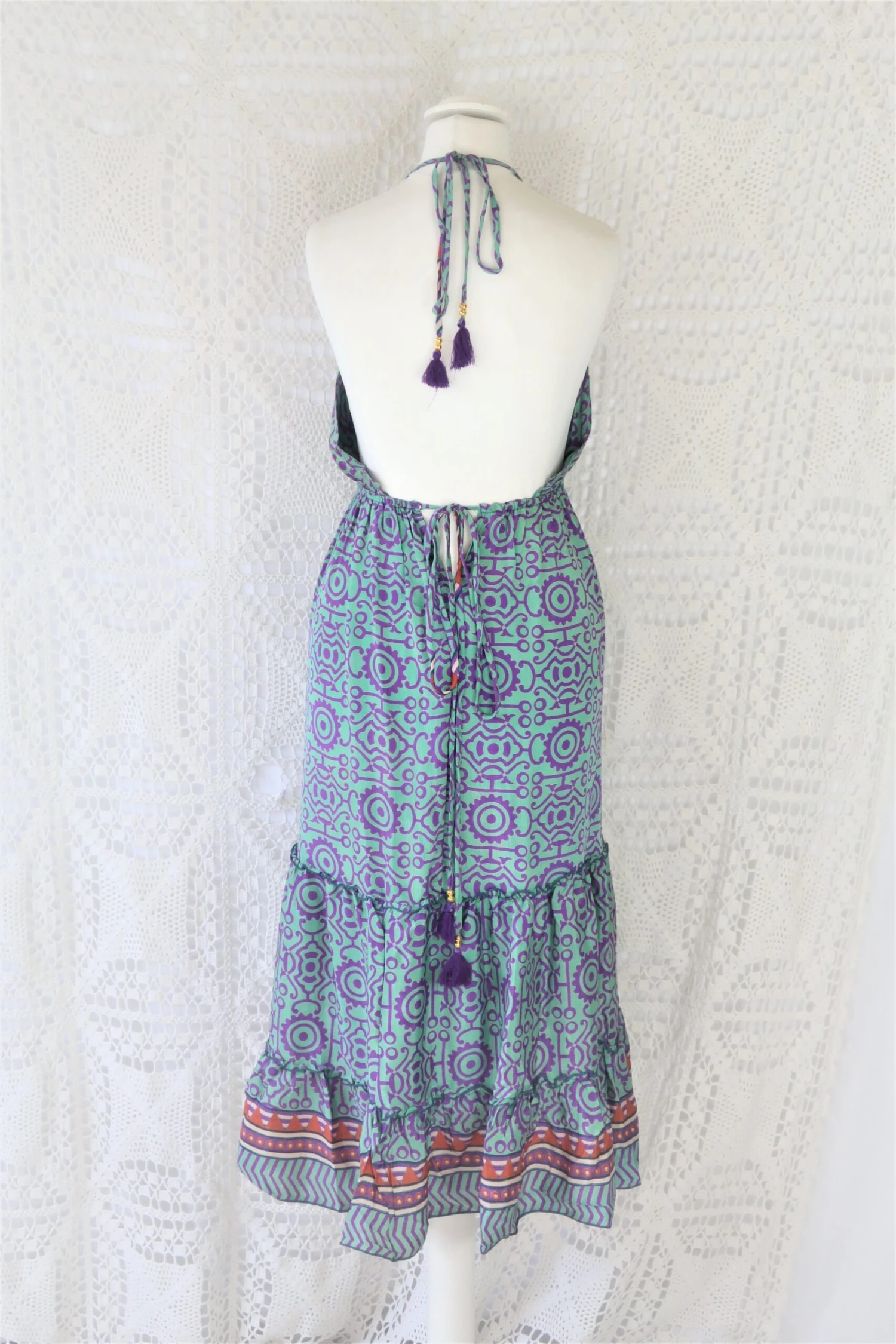 Cherry Midi Dress - Vintage Indian Sari - Seafoam, Sienna & Violet Tile Print - Free Size 3 Cherry Midi Dress - Vintage Indian Sari - Seafoam, Sienna & Violet Tile Print - Free Size - Image 3