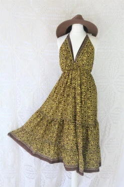 Cherry Midi Dress - Vintage Indian Sari - Chocolate & Banana Tile Print - Free Size