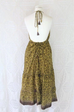 Cherry Midi Dress - Vintage Indian Sari - Chocolate & Banana Tile Print - Free Size -KIKIS Clothing Shop IMG 9759 2