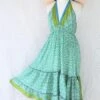 Cherry Midi Dress - Vintage Indian Sari - Sea Green & Lime Tile Print - Free Size