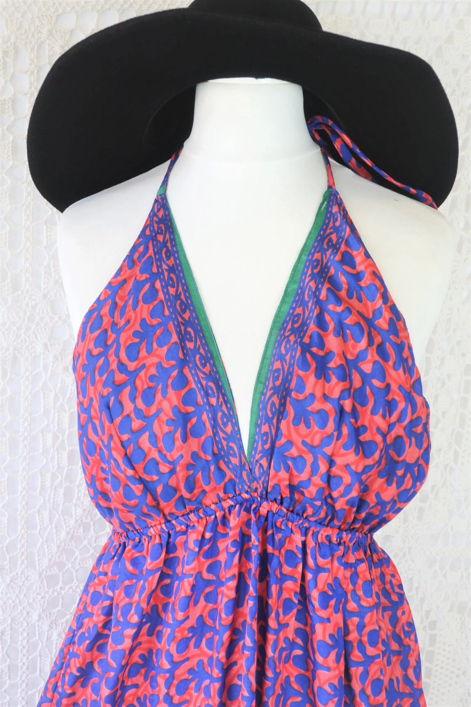 Cherry Midi Dress - Vintage Indian Sari - Deep Coral & Indigo Motif - Free Size 2 Cherry Midi Dress - Vintage Indian Sari - Deep Coral & Indigo Motif - Free Size - Image 2