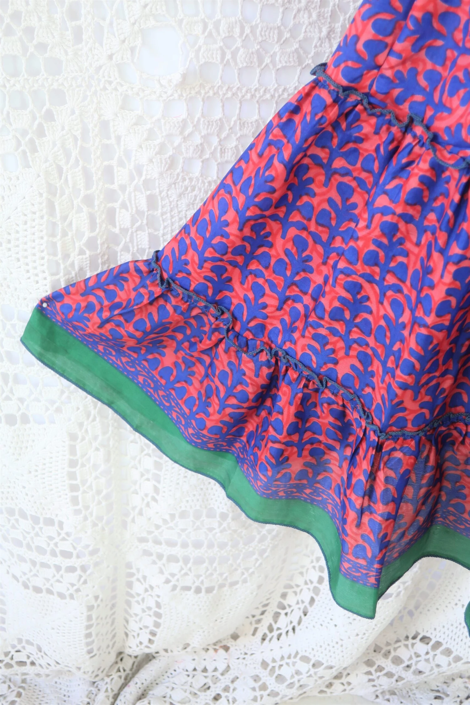 Cherry Midi Dress - Vintage Indian Sari - Deep Coral & Indigo Motif - Free Size 4 Cherry Midi Dress - Vintage Indian Sari - Deep Coral & Indigo Motif - Free Size - Image 4