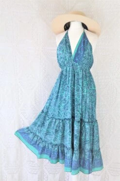 Cherry Midi Dress - Vintage Indian Sari - Dark Aqua & Smoke Graphic Print - Free Size