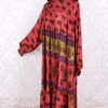Mona Maxi Dress - Vintage Indian Sari - Watermelon Pink & Blue - Free Size