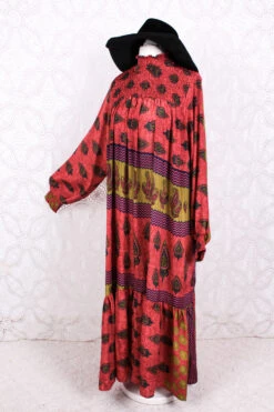 Mona Maxi Dress - Vintage Indian Sari - Watermelon Pink & Blue - Free Size