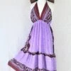 Cherry Midi Dress - Vintage Indian Sari - Lilac, Wine & Umber Bold Floral - Free Size