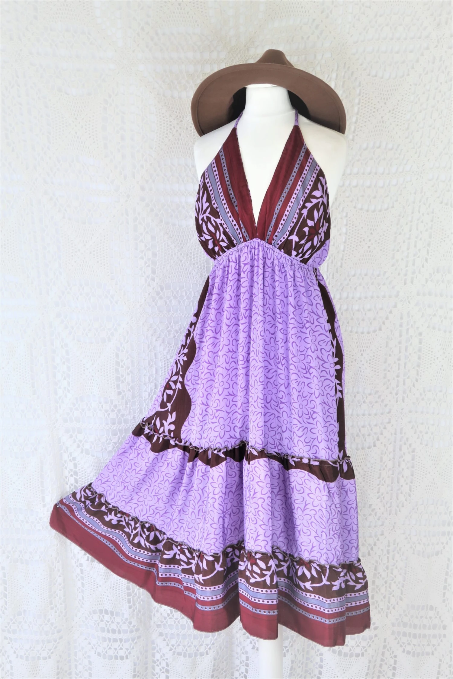 Cherry Midi Dress - Vintage Indian Sari - Lilac, Wine & Umber Bold Floral - Free Size 1 Cherry Midi Dress - Vintage Indian Sari - Lilac, Wine & Umber Bold Floral - Free Size