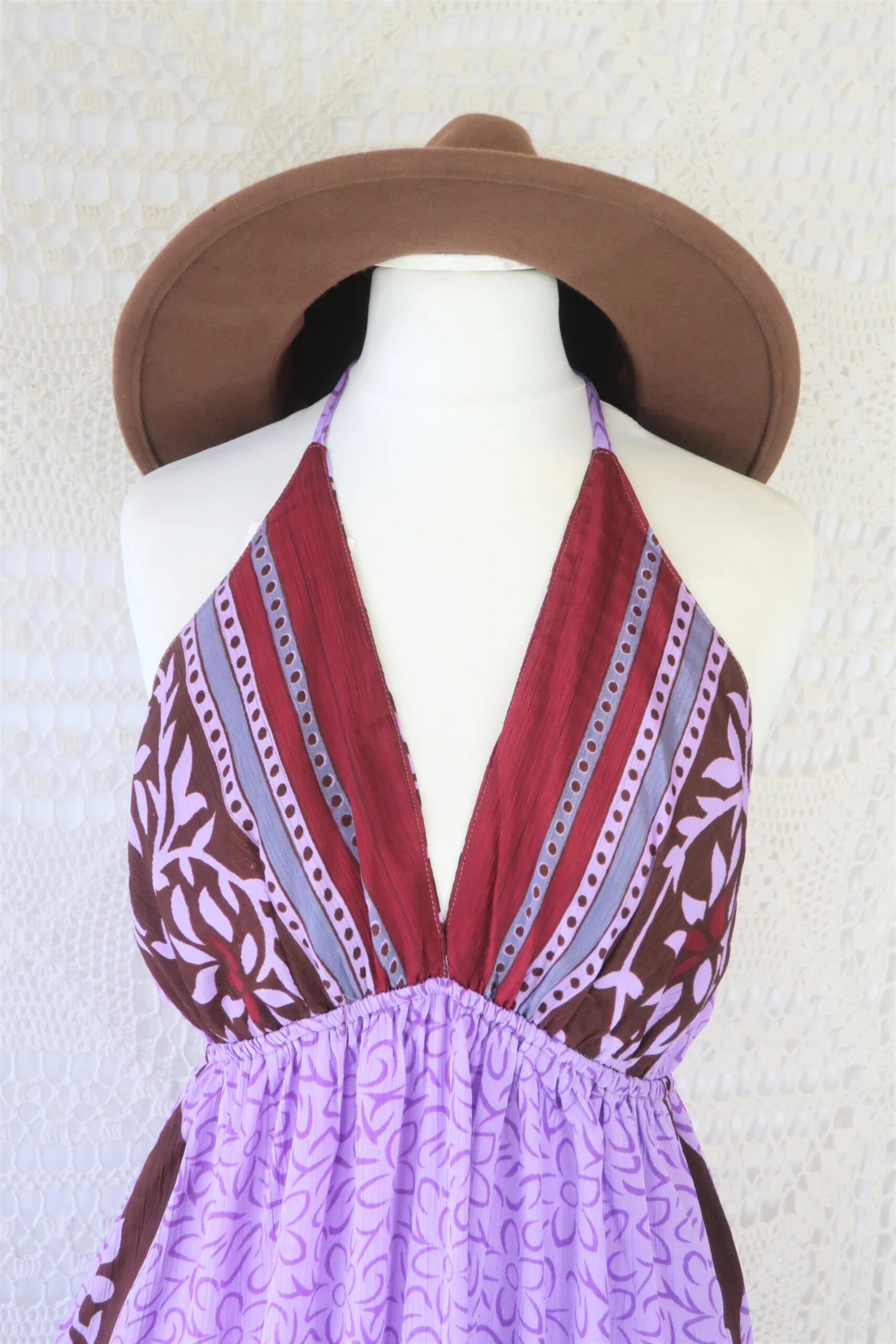 Cherry Midi Dress - Vintage Indian Sari - Lilac, Wine & Umber Bold Floral - Free Size 2 Cherry Midi Dress - Vintage Indian Sari - Lilac, Wine & Umber Bold Floral - Free Size - Image 2