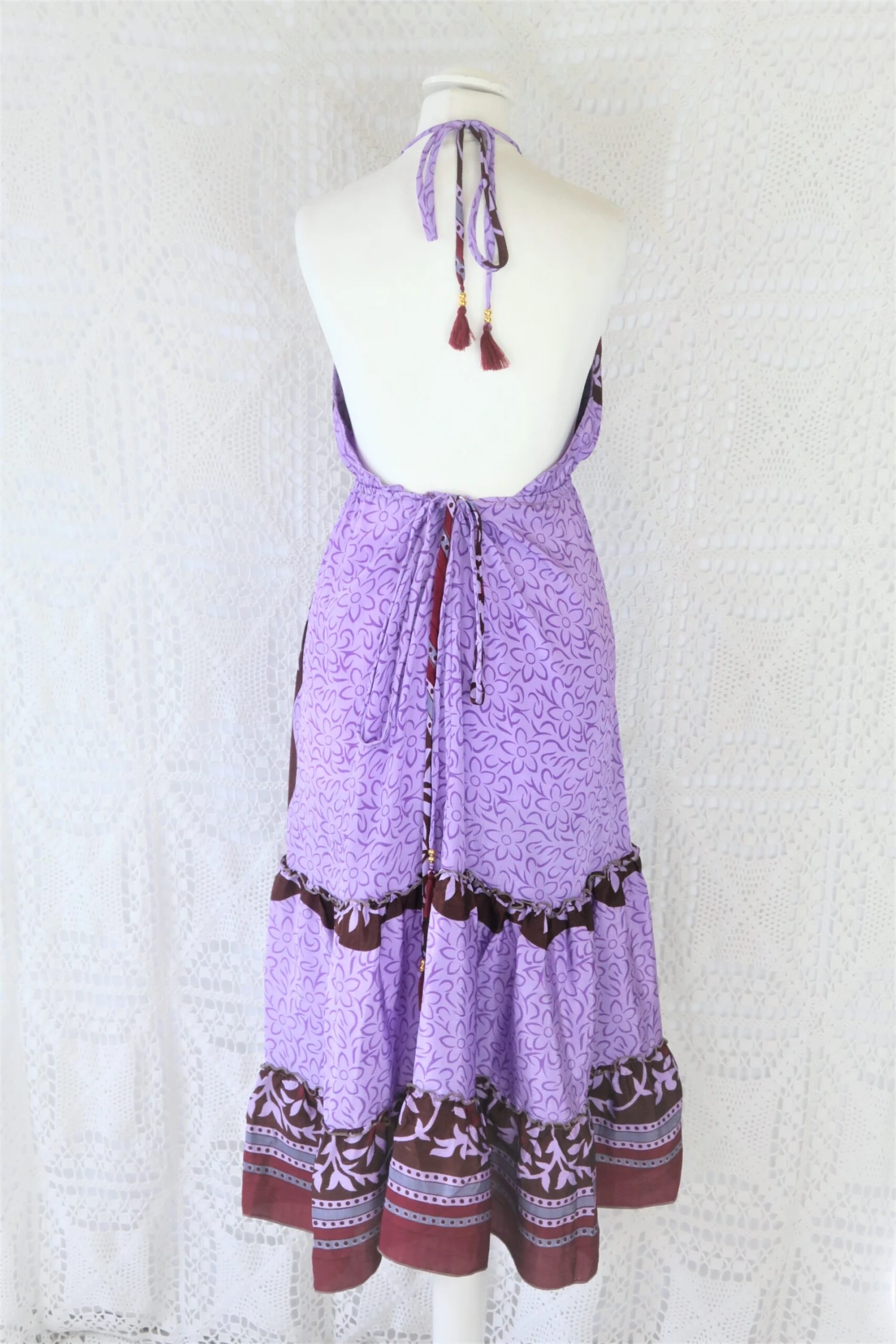 Cherry Midi Dress - Vintage Indian Sari - Lilac, Wine & Umber Bold Floral - Free Size 3 Cherry Midi Dress - Vintage Indian Sari - Lilac, Wine & Umber Bold Floral - Free Size - Image 3