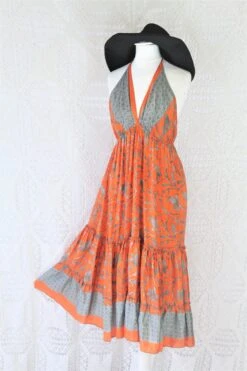 Cherry Midi Dress - Vintage Indian Sari - Blazing Orange & Mist Bold Vine Print - Free Size