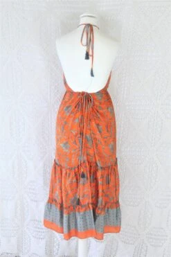 Cherry Midi Dress - Vintage Indian Sari - Blazing Orange & Mist Bold Vine Print - Free Size -KIKIS Clothing Shop IMG 9787 2