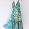 Cherry Midi Dress - Vintage Indian Sari - Deep Aqua & Ochre Floral Shimmer - Free Size