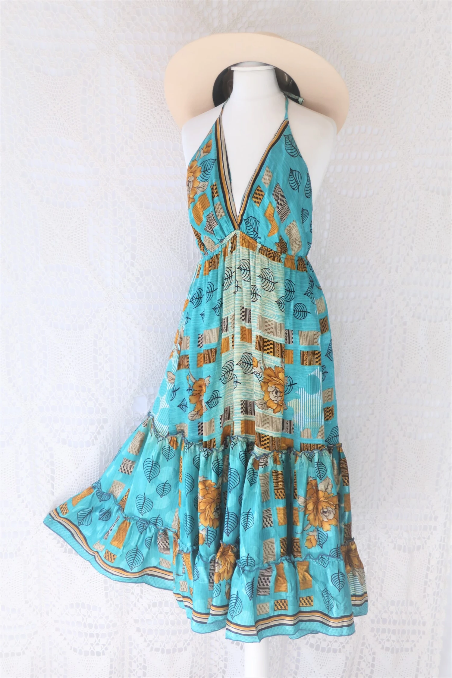 Cherry Midi Dress - Vintage Indian Sari - Deep Aqua & Ochre Floral Shimmer - Free Size 1 Cherry Midi Dress - Vintage Indian Sari - Deep Aqua & Ochre Floral Shimmer - Free Size