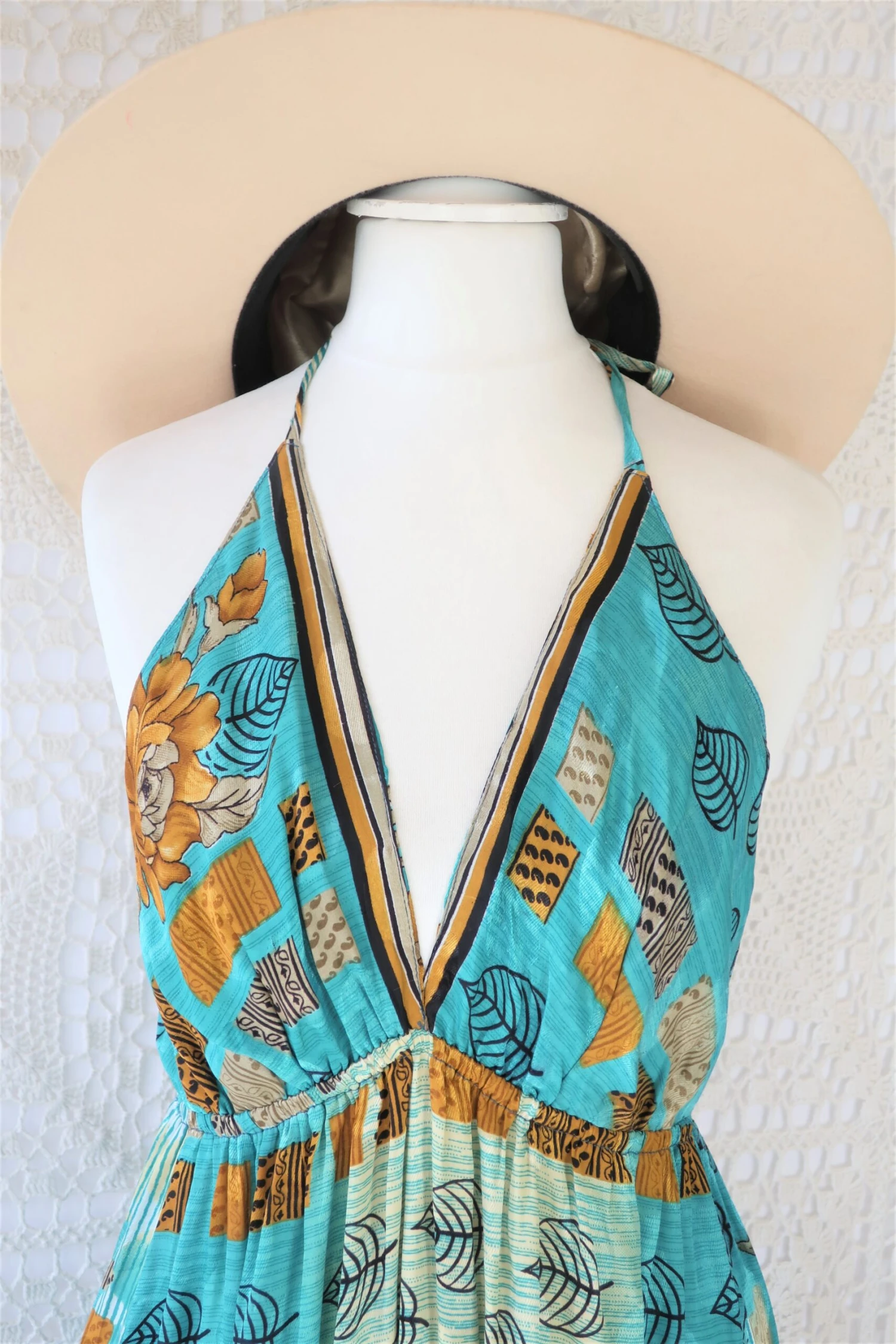 Cherry Midi Dress - Vintage Indian Sari - Deep Aqua & Ochre Floral Shimmer - Free Size 2 Cherry Midi Dress - Vintage Indian Sari - Deep Aqua & Ochre Floral Shimmer - Free Size - Image 2