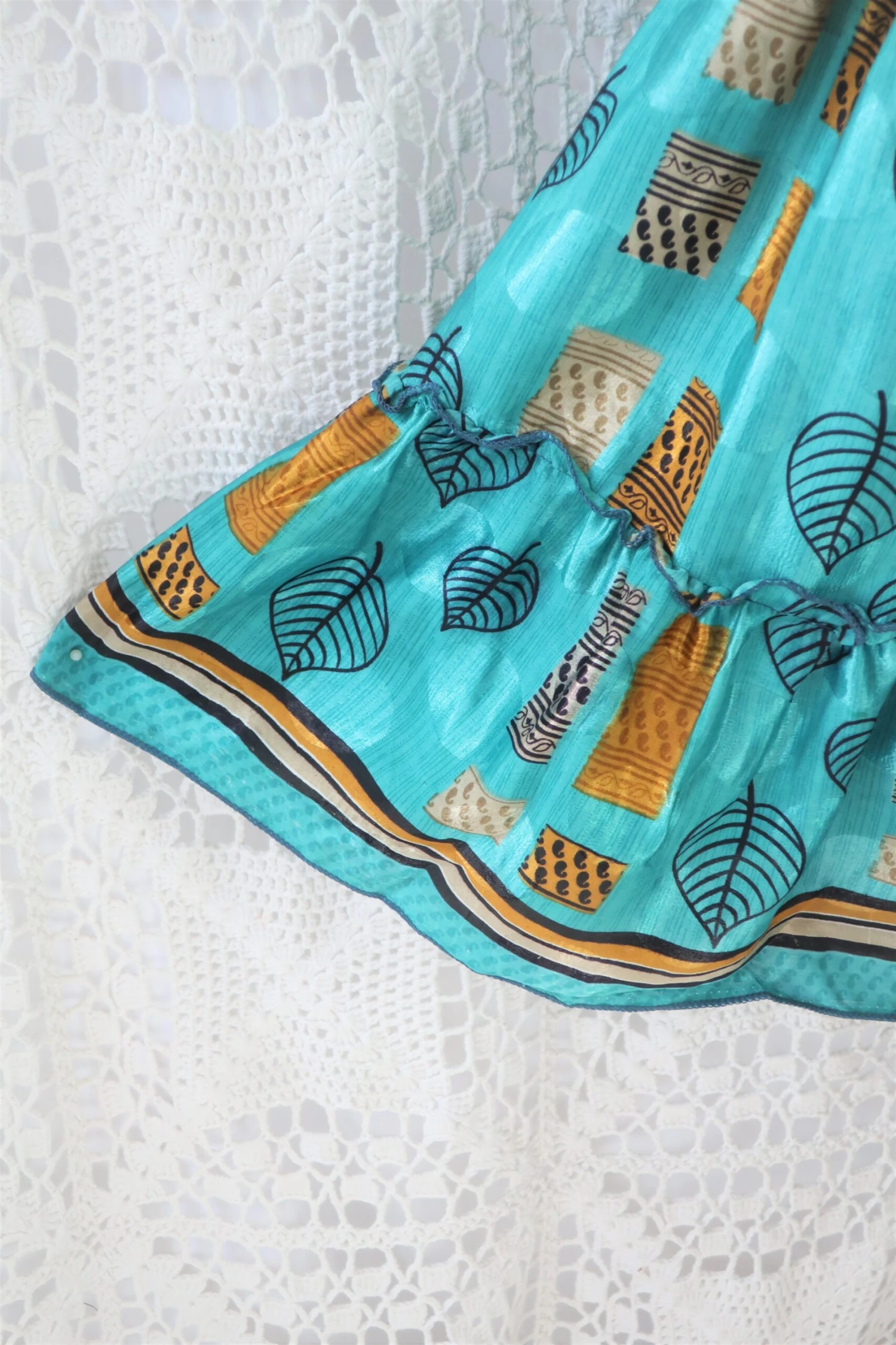 Cherry Midi Dress - Vintage Indian Sari - Deep Aqua & Ochre Floral Shimmer - Free Size 4 Cherry Midi Dress - Vintage Indian Sari - Deep Aqua & Ochre Floral Shimmer - Free Size - Image 4