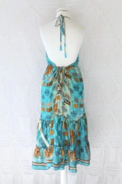 Cherry Midi Dress - Vintage Indian Sari - Deep Aqua & Ochre Floral Shimmer - Free Size 6 Cherry Midi Dress - Vintage Indian Sari - Deep Aqua & Ochre Floral Shimmer - Free Size -KIKIS Clothing Shop IMG 9802 2