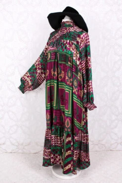 Mona Maxi Dress - Vintage Indian Sari - Purple, Green & Gold - Free Size