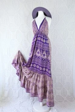 Cherry Maxi Dress - Vintage Indian Sari - Deep Orchid & Iris Paisley Nouveau - Free Size