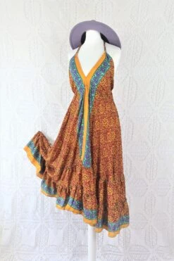 Blossom Midi Halter Dress - Vintage Indian Sari - Burgundy, Seafoam & Plum Motif - Free Size