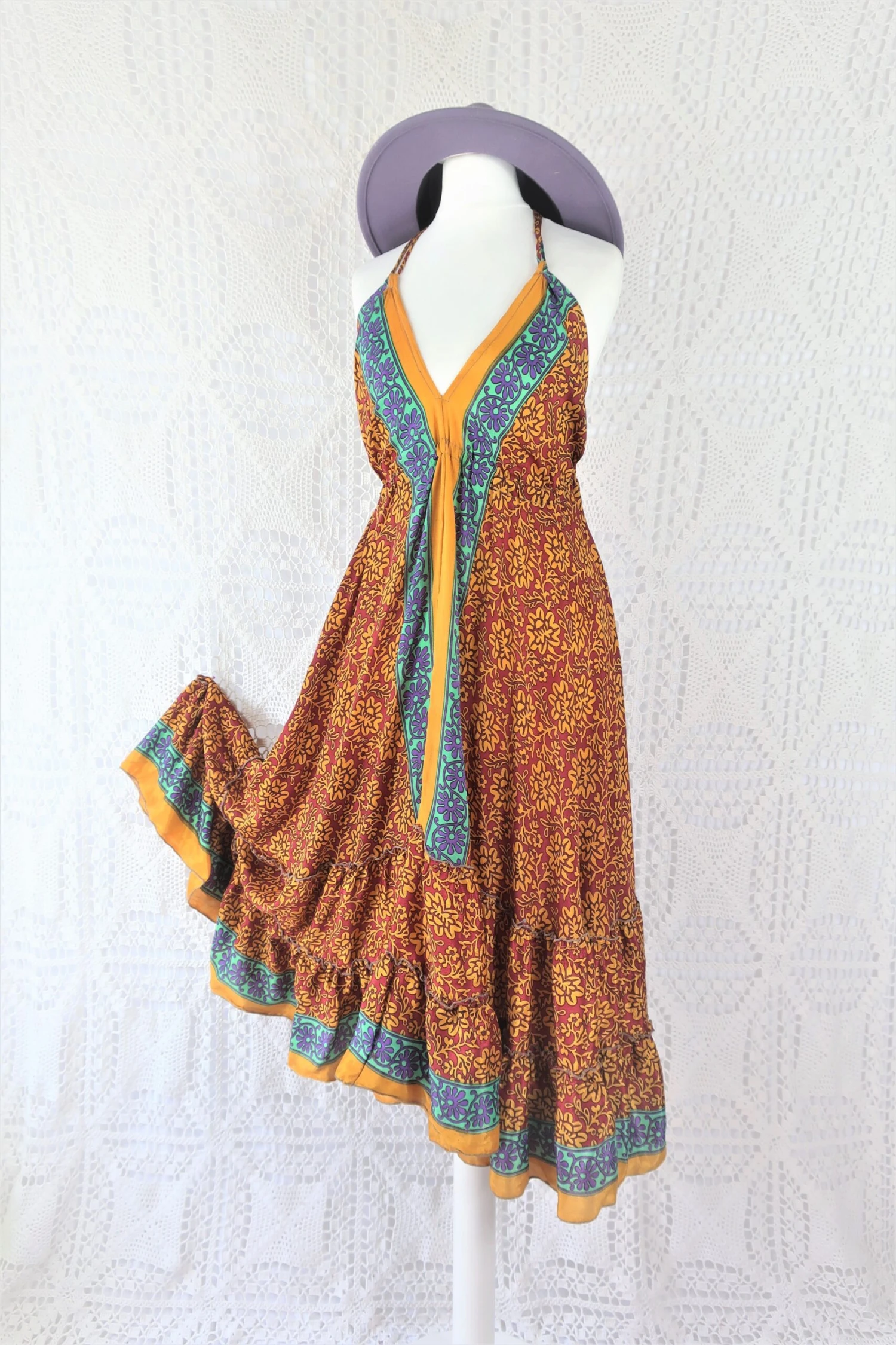 Blossom Midi Halter Dress - Vintage Indian Sari - Burgundy, Seafoam & Plum Motif - Free Size 1 Blossom Midi Halter Dress - Vintage Indian Sari - Burgundy, Seafoam & Plum Motif - Free Size