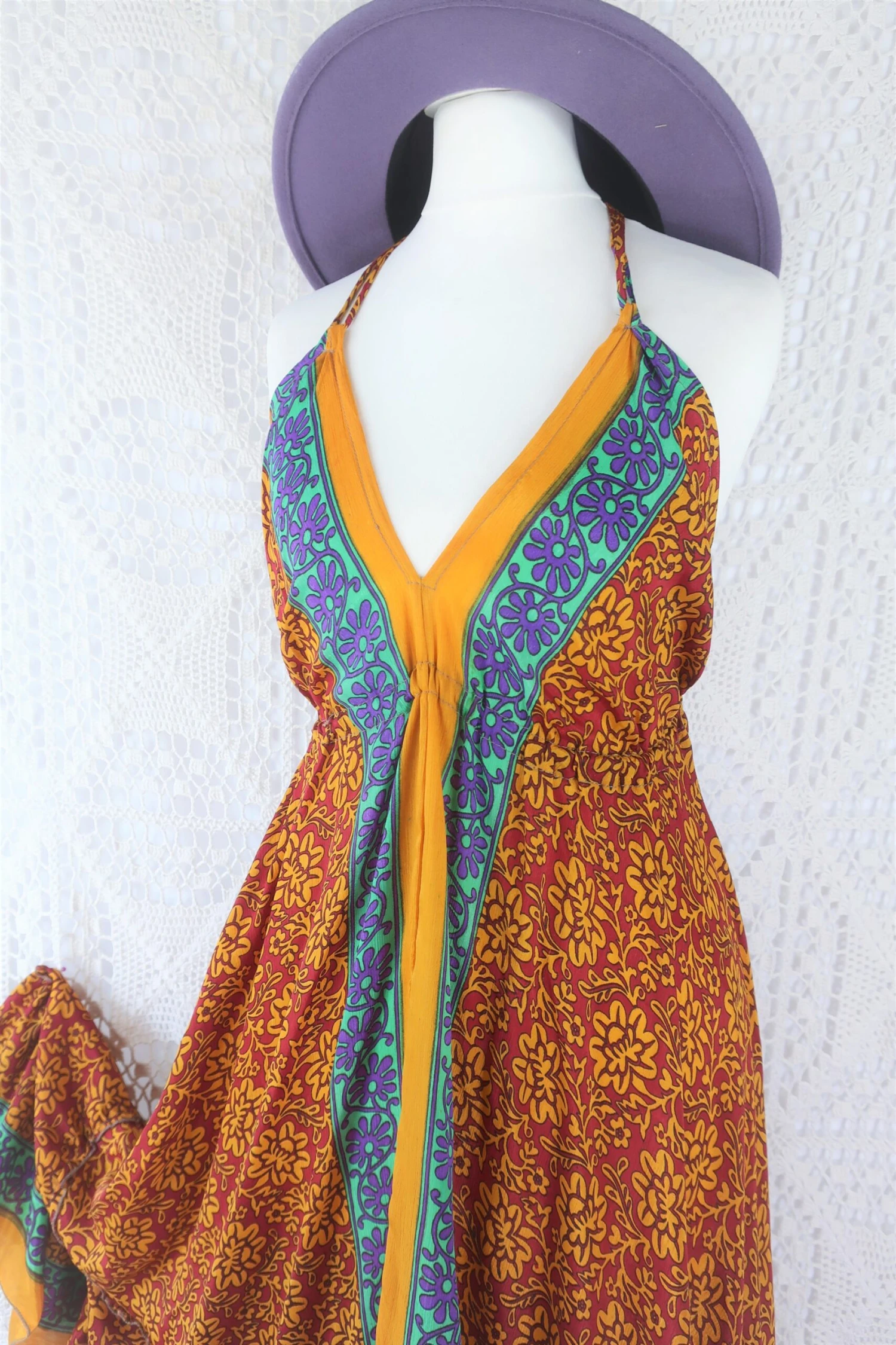 Blossom Midi Halter Dress - Vintage Indian Sari - Burgundy, Seafoam & Plum Motif - Free Size 2 Blossom Midi Halter Dress - Vintage Indian Sari - Burgundy, Seafoam & Plum Motif - Free Size - Image 2