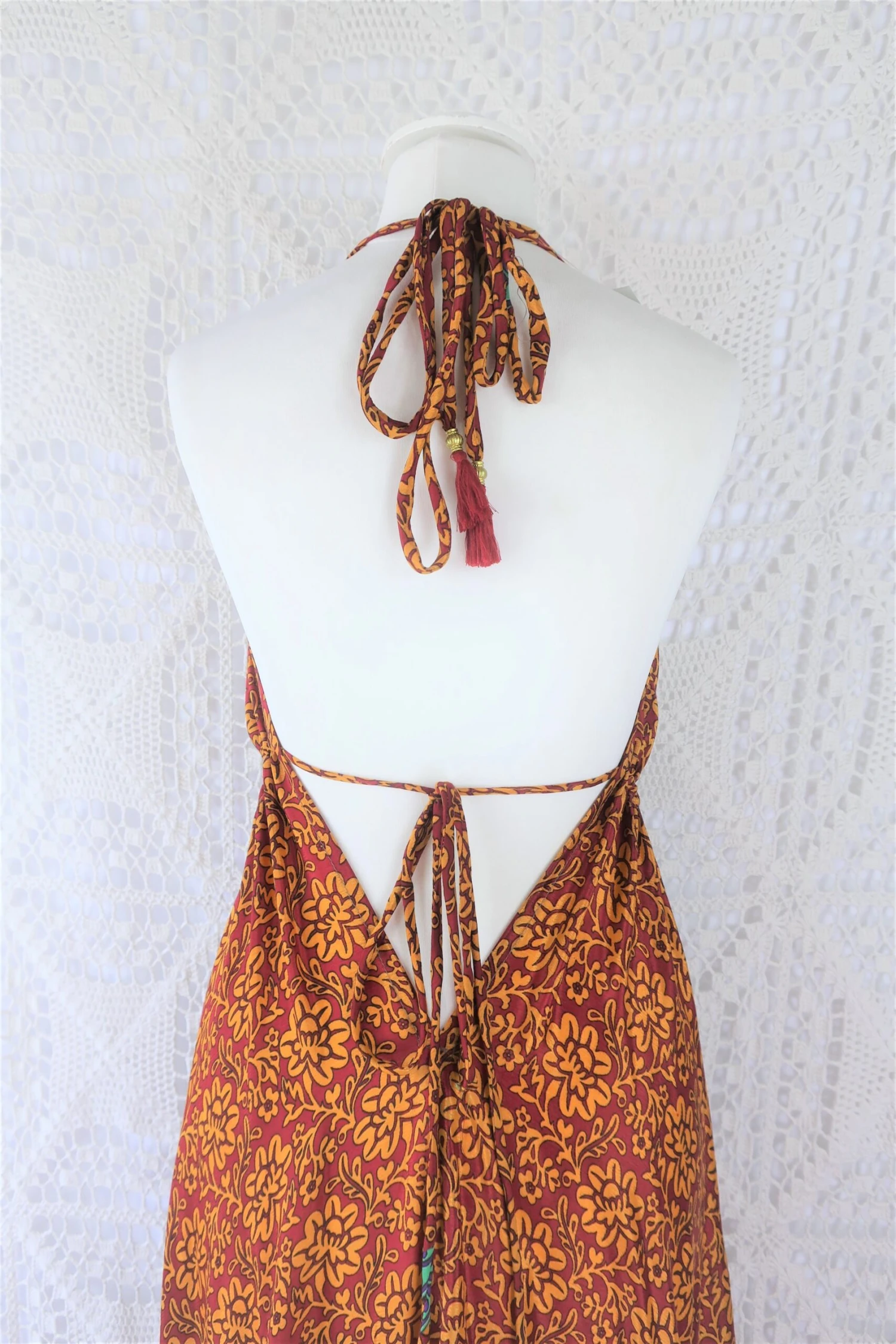 Blossom Midi Halter Dress - Vintage Indian Sari - Burgundy, Seafoam & Plum Motif - Free Size 4 Blossom Midi Halter Dress - Vintage Indian Sari - Burgundy, Seafoam & Plum Motif - Free Size - Image 4