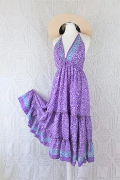 Cherry Midi Dress - Vintage Indian Sari - Lilac & Lily Tile Print - Free Size