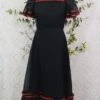 SALE 70's Vintage Dress - Midnight Black & Red - Size XXS