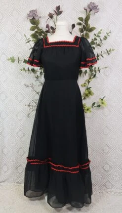 SALE 70's Vintage Dress - Midnight Black & Red - Size XXS