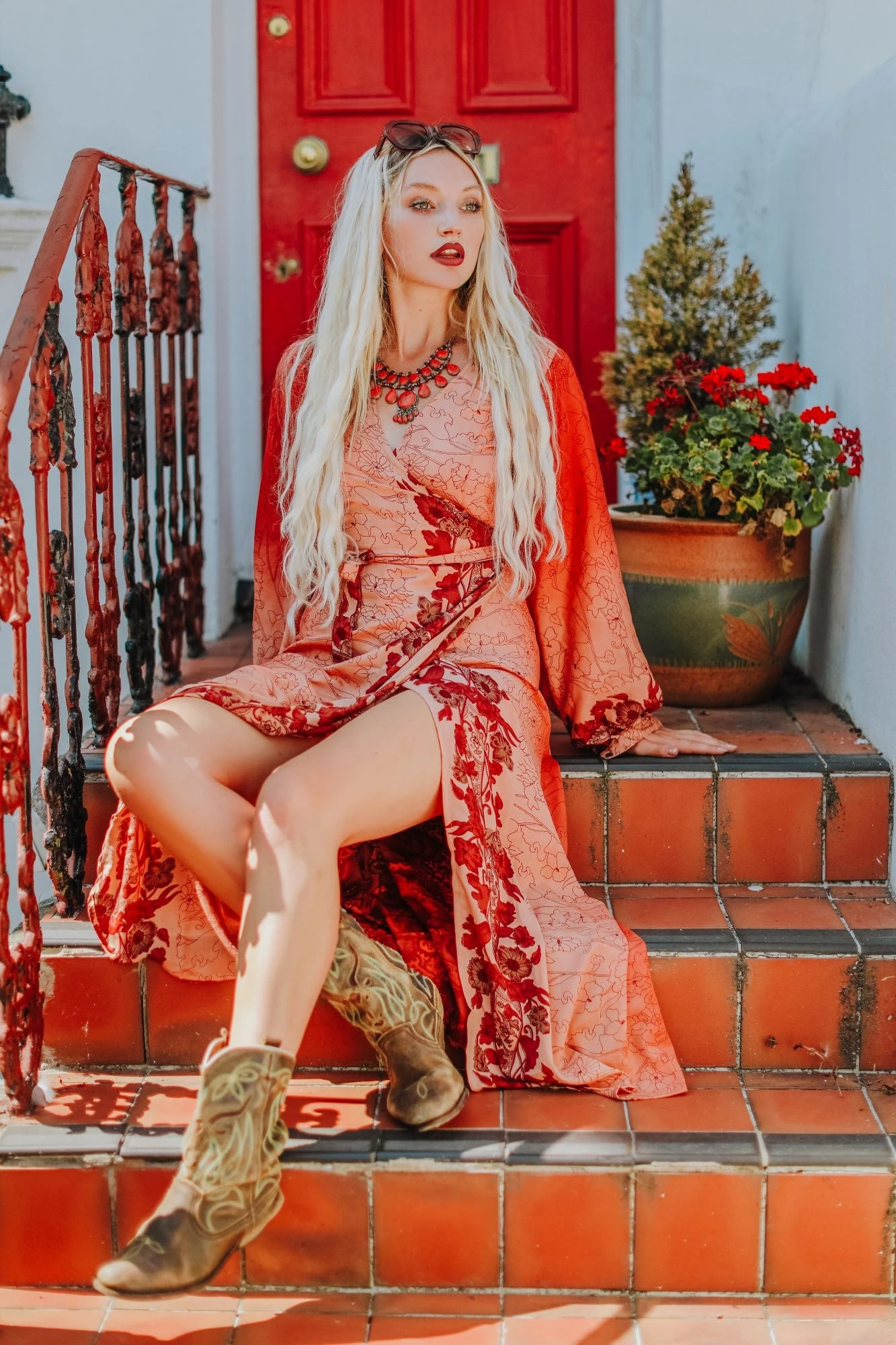 Lola Long Wrap Dress - Vintage Indian Sari - Cornflower, Sky & Magenta Rose Bud - XL 5 Lola Long Wrap Dress - Vintage Indian Sari - Cornflower, Sky & Magenta Rose Bud - XL - Image 5