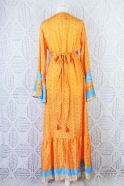Sylvia Wrap Dress - Vintage Indian Sari - Apricot & Powdered Blue Tile Print (S/M) 10 Sylvia Wrap Dress - Vintage Indian Sari - Apricot & Powdered Blue Tile Print (S/M) -KIKIS Clothing Shop apricot and powdered blue tile print back of sylvia wrap dress all about audrey