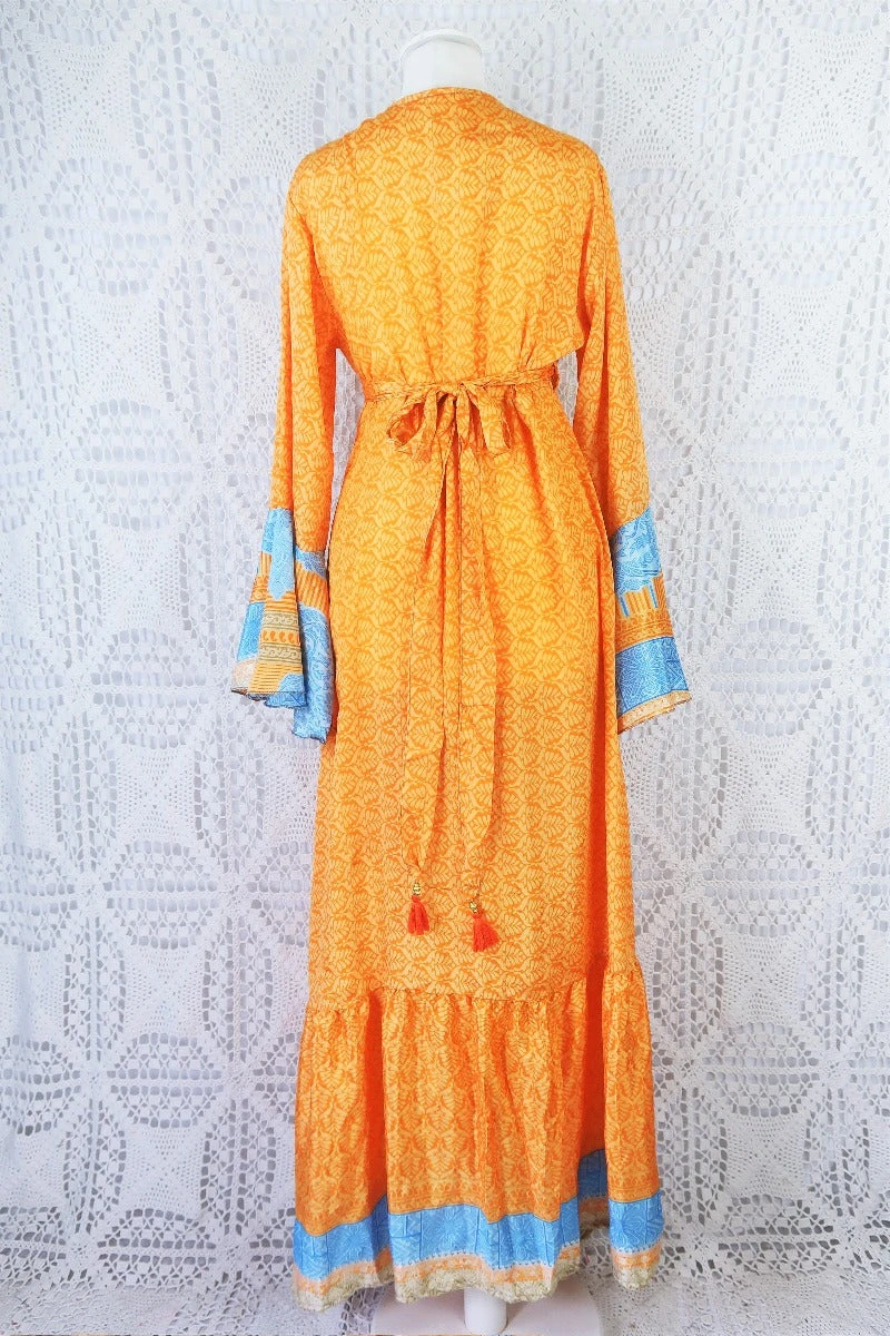 Sylvia Wrap Dress - Vintage Indian Sari - Apricot & Powdered Blue Tile Print (S/M) 5 Sylvia Wrap Dress - Vintage Indian Sari - Apricot & Powdered Blue Tile Print (S/M) - Image 5