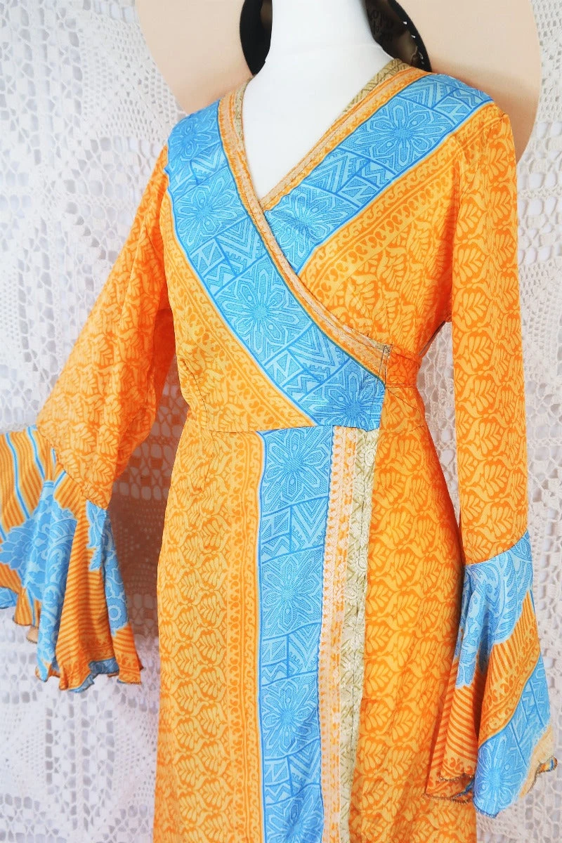 Sylvia Wrap Dress - Vintage Indian Sari - Apricot & Powdered Blue Tile Print (S/M) 2 Sylvia Wrap Dress - Vintage Indian Sari - Apricot & Powdered Blue Tile Print (S/M) - Image 2