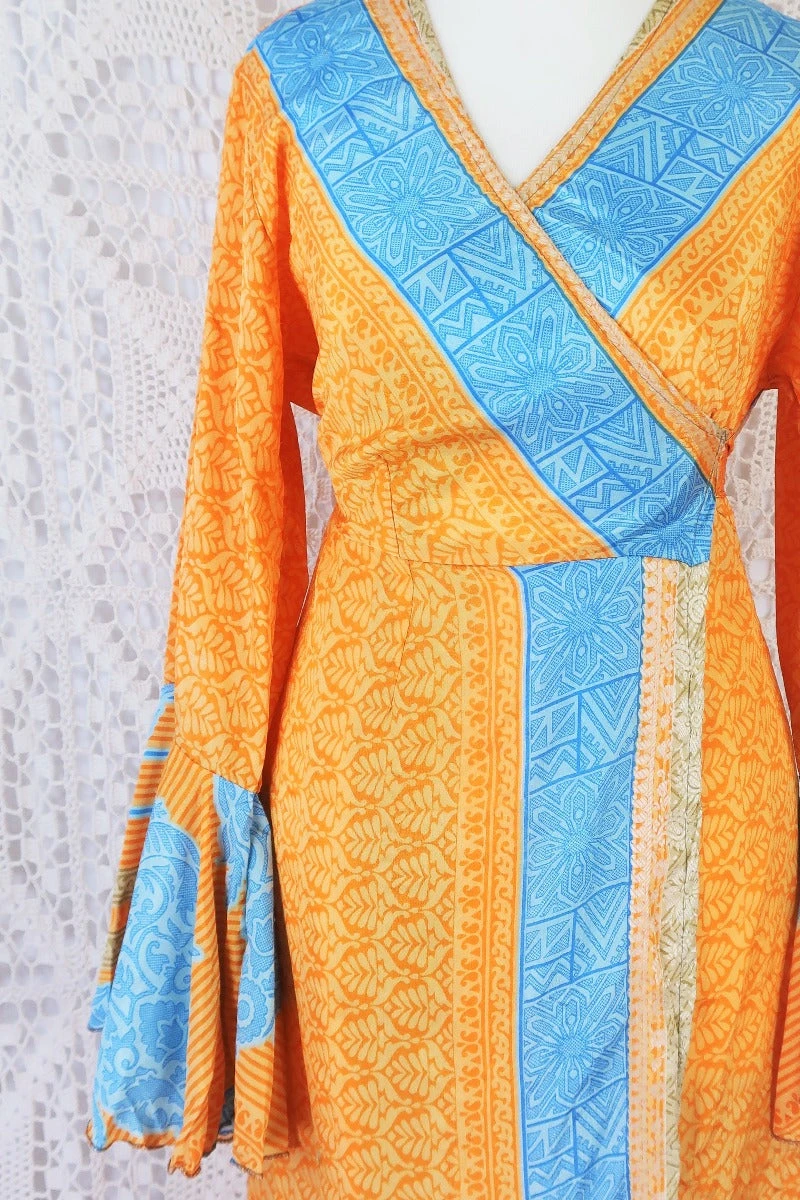 Sylvia Wrap Dress - Vintage Indian Sari - Apricot & Powdered Blue Tile Print (S/M) 4 Sylvia Wrap Dress - Vintage Indian Sari - Apricot & Powdered Blue Tile Print (S/M) - Image 4