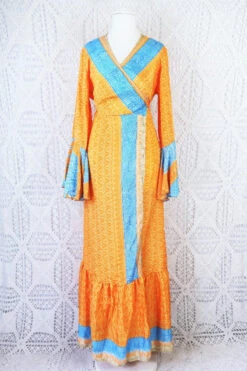 Sylvia Wrap Dress - Vintage Indian Sari - Apricot & Powdered Blue Tile Print (S/M) 8 Sylvia Wrap Dress - Vintage Indian Sari - Apricot & Powdered Blue Tile Print (S/M) -KIKIS Clothing Shop apricto and powdered blue tile print recycled sari sylvia maxi dress all about audrey