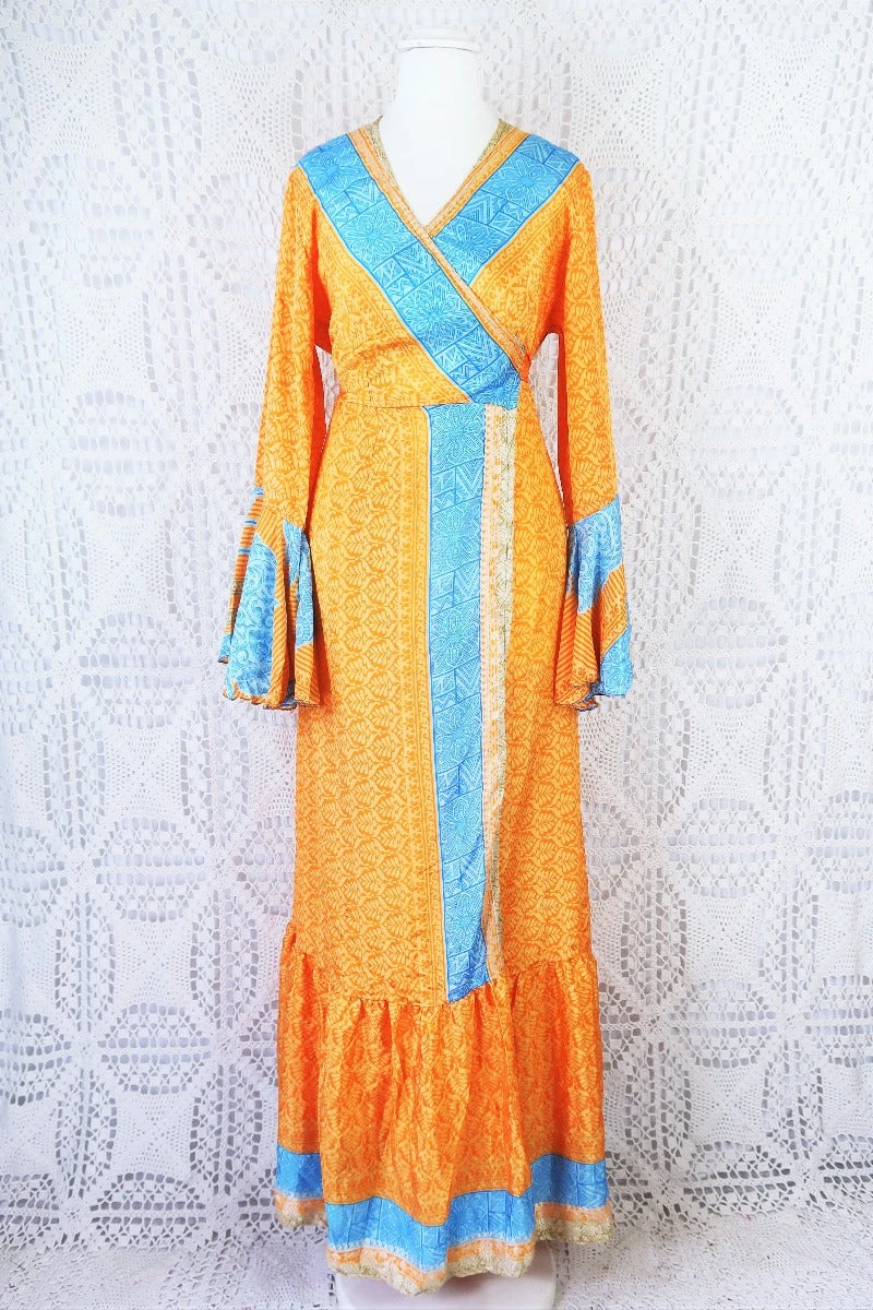 Sylvia Wrap Dress - Vintage Indian Sari - Apricot & Powdered Blue Tile Print (S/M) 3 Sylvia Wrap Dress - Vintage Indian Sari - Apricot & Powdered Blue Tile Print (S/M) - Image 3