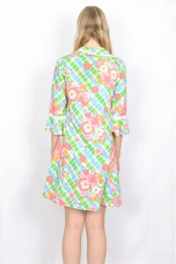 Vintage Dress - Retro Bright Floral Bloom Mini - Size S -KIKIS Clothing Shop back shot of green and blue mini floral checkered vintage dress all about audrey