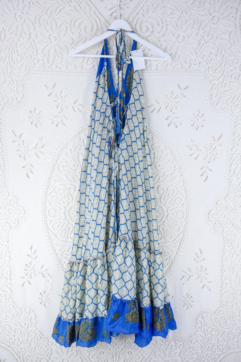 Blossom Halter Maxi Dress - Vintage Sari - Ivory & Majorelle Blue Peacock Print - Free Size L/XL 3 Blossom Halter Maxi Dress - Vintage Sari - Ivory & Majorelle Blue Peacock Print - Free Size L/XL - Image 3