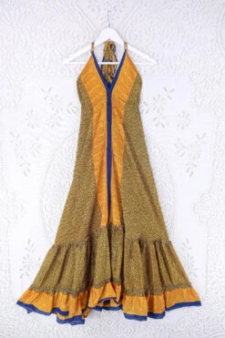 Blossom Halter Maxi Dress - Vintage Sari - Indigo & Sunshine Yellow Tile Print - Free Size S/M