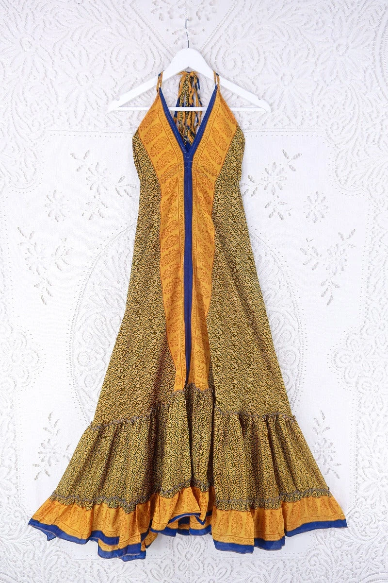 Blossom Halter Maxi Dress - Vintage Sari - Indigo & Sunshine Yellow Tile Print - Free Size S/M 1 Blossom Halter Maxi Dress - Vintage Sari - Indigo & Sunshine Yellow Tile Print - Free Size S/M