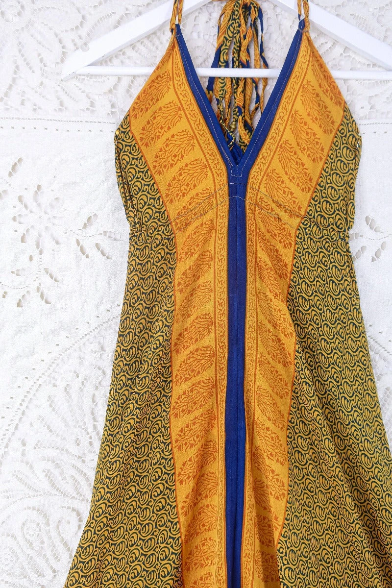 Blossom Halter Maxi Dress - Vintage Sari - Indigo & Sunshine Yellow Tile Print - Free Size S/M 2 Blossom Halter Maxi Dress - Vintage Sari - Indigo & Sunshine Yellow Tile Print - Free Size S/M - Image 2