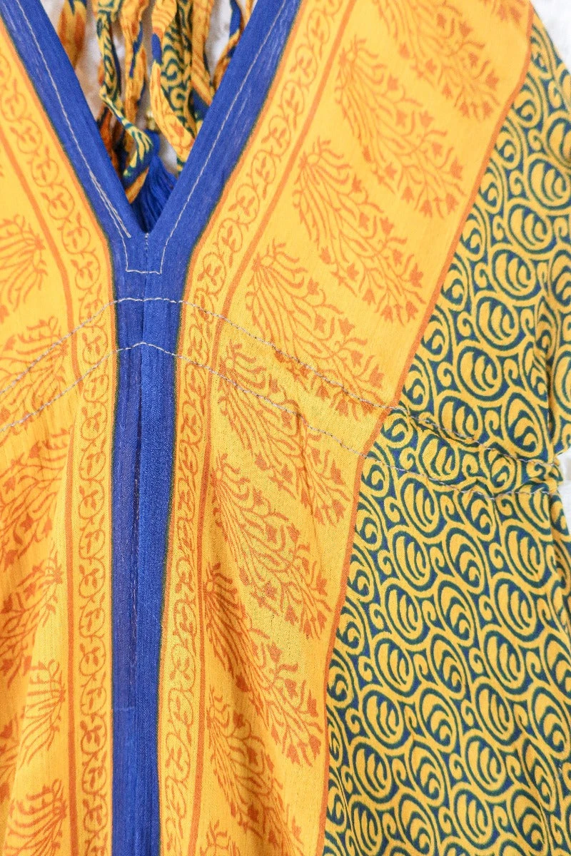 Blossom Halter Maxi Dress - Vintage Sari - Indigo & Sunshine Yellow Tile Print - Free Size S/M 4 Blossom Halter Maxi Dress - Vintage Sari - Indigo & Sunshine Yellow Tile Print - Free Size S/M - Image 4